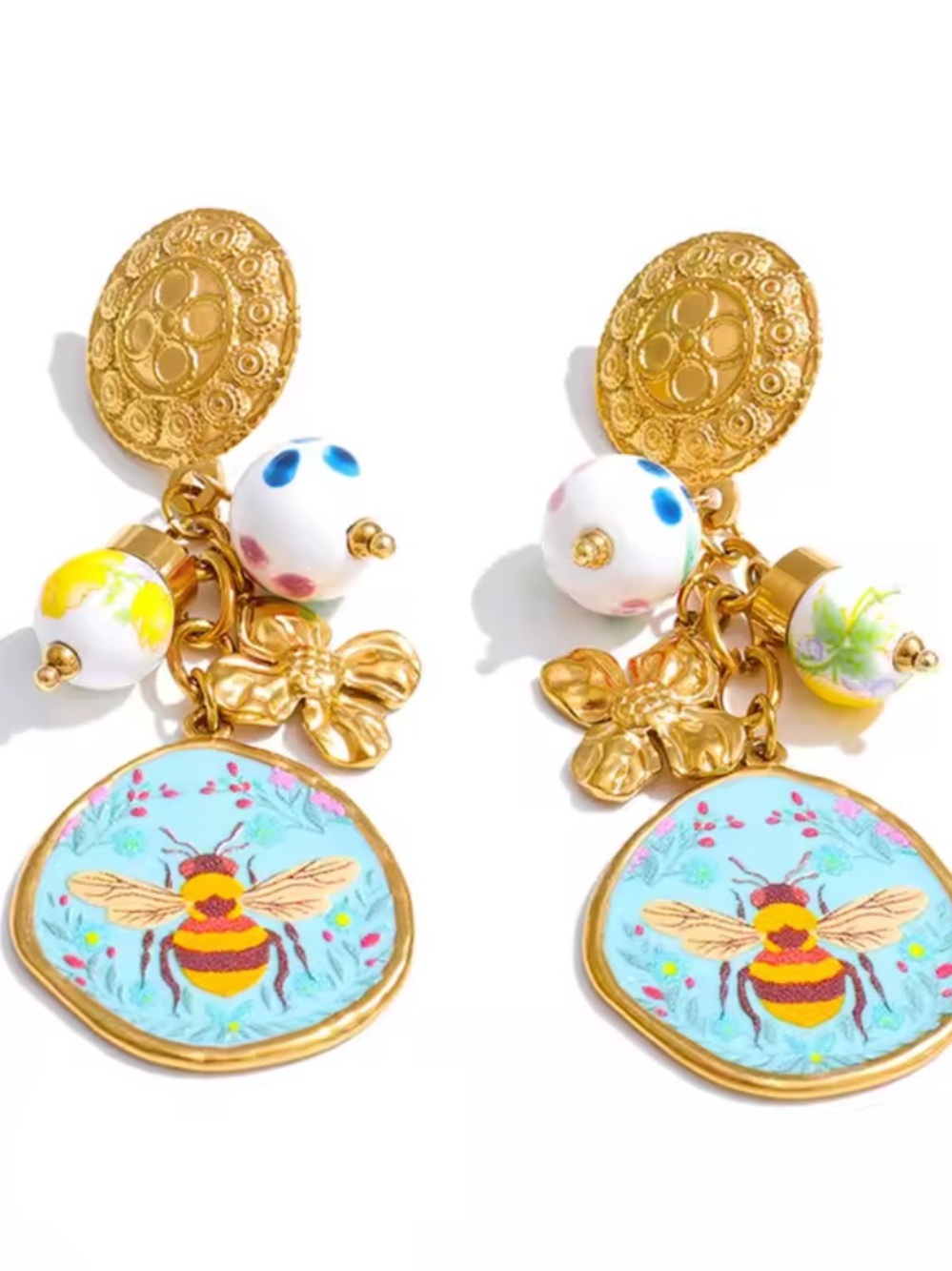 Whimsical Bee Blue Floral Charm Earrings - Picture 12 of 13